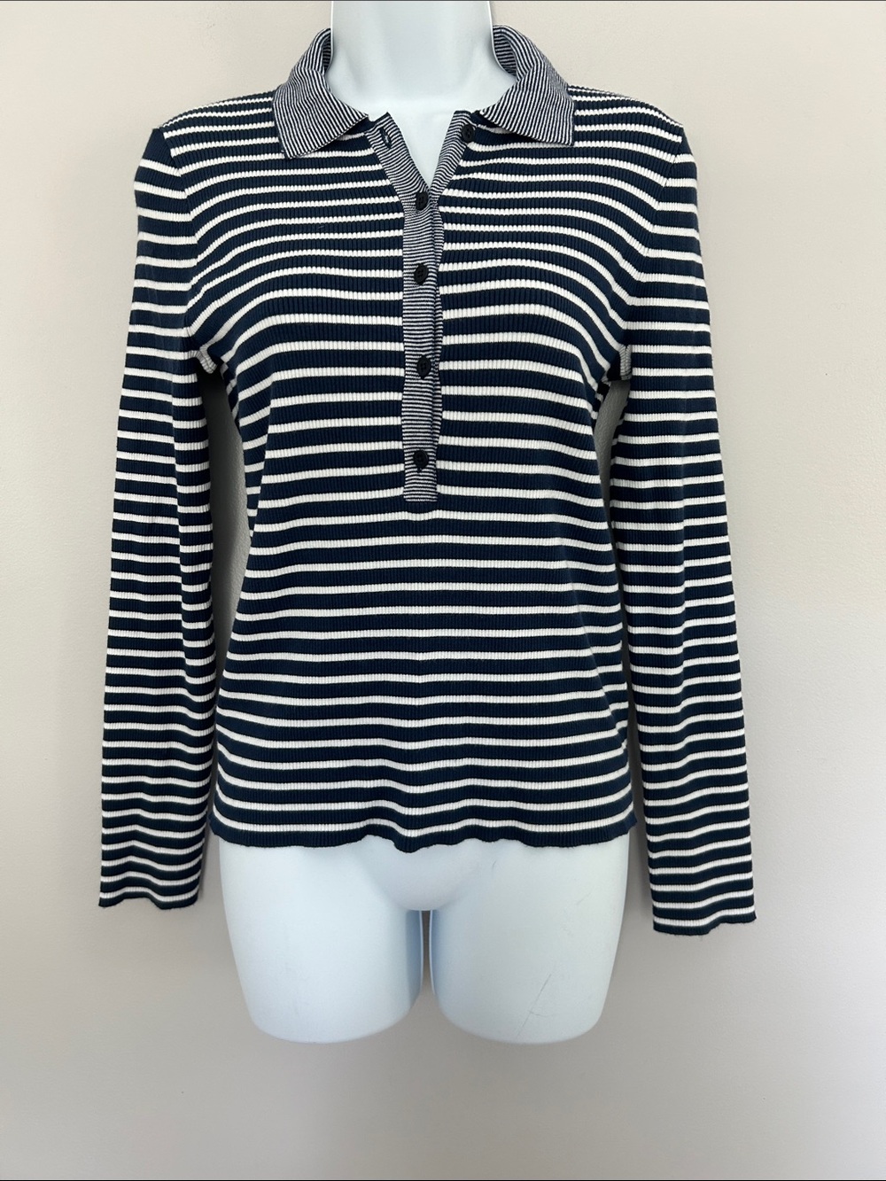 Madewell Striped Ribbed Navy & White Long-Sleeve Polo Top